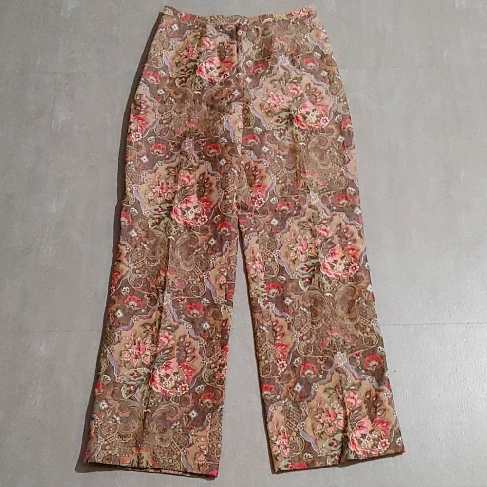 Talbots Womens Tan Silk Linen High Waist Floral Wide Leg Trousers Dress Pants